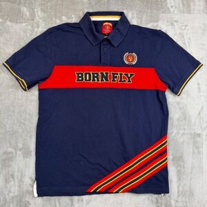 Born Fly Mens XL Polo Shirt Navy Blue Red Striped Graphic Short Sleeve Cotton